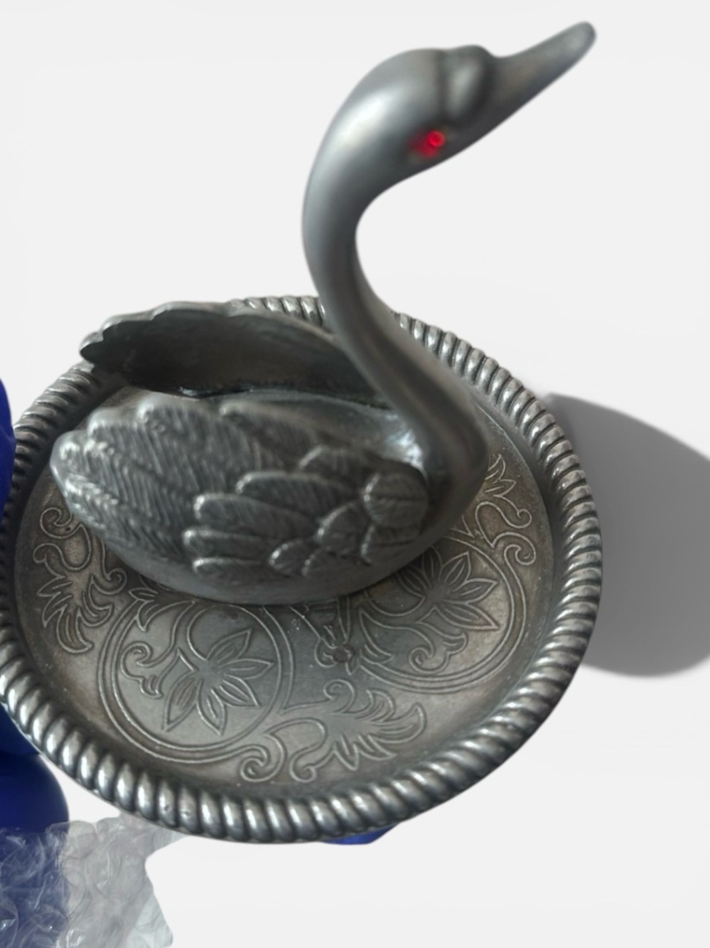 Vintage Swan Jewelry Holder Red Gem Eyes EP Zinc Alloy Silver 3" Tall